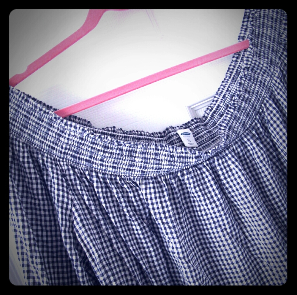 Navy Gingham Off the Shoulder Blouse